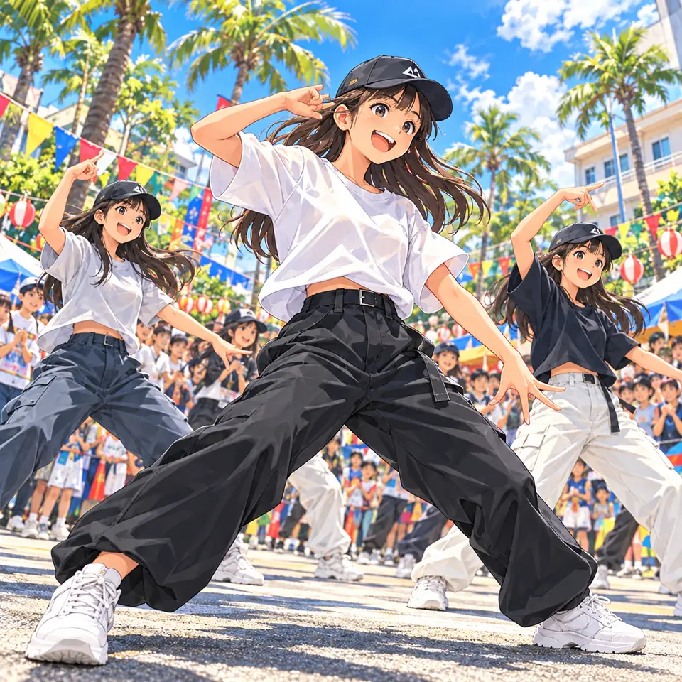 キャップにTシャツ姿で、息を合わせてダンスを踊る若者たちのイラスト