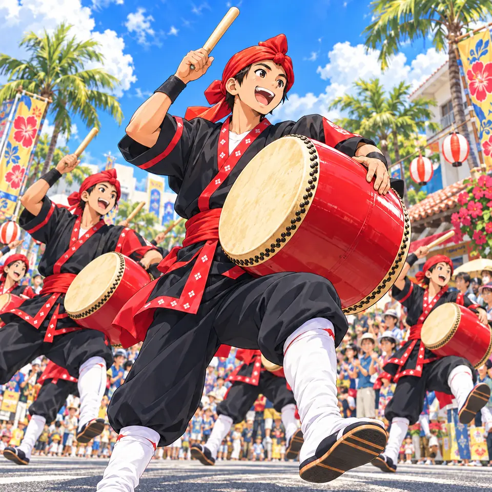 赤い鉢巻きに黒と赤の衣装で、大きな太鼓を打ち鳴らしながら踊るエイサーの演者たちのイラスト