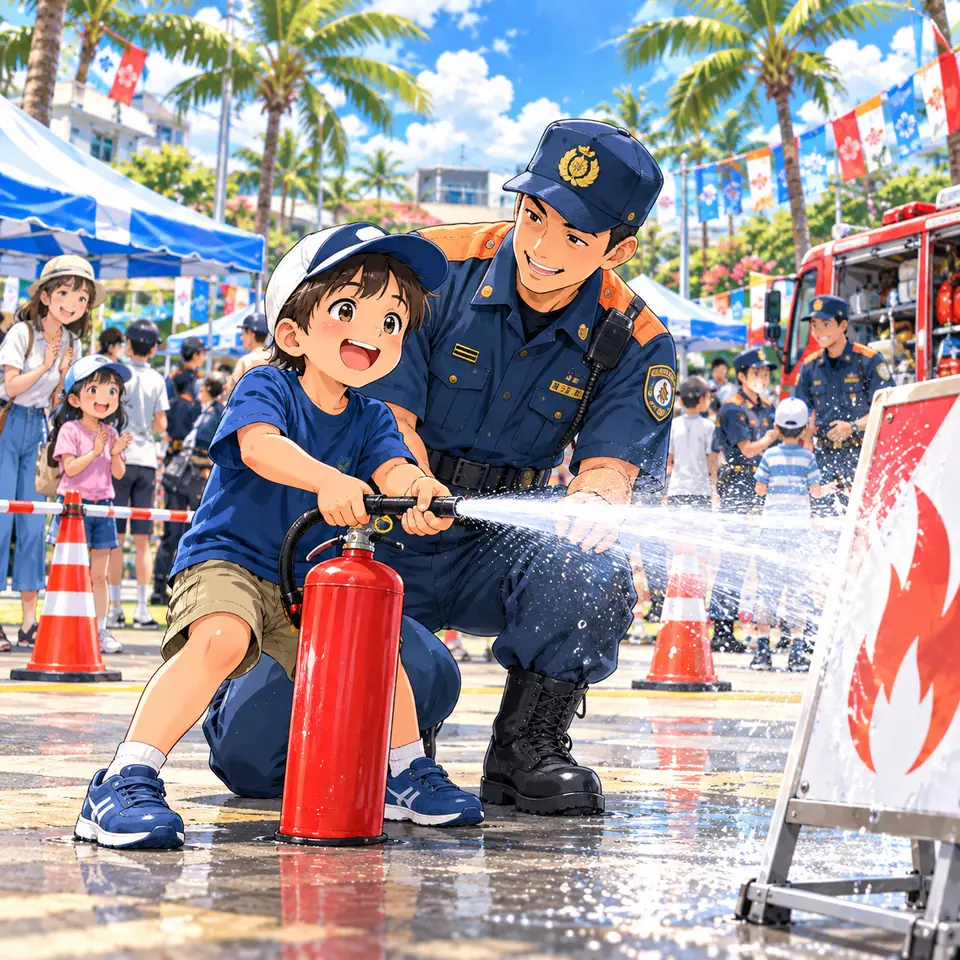 消防隊員に支えられながら、消火器で炎の的に向けて放水する男の子のイラスト