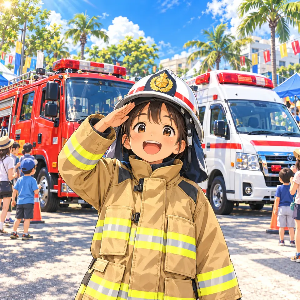 消防服とヘルメットを身につけて敬礼する女の子と、うしろに並ぶ消防車と救急車のイラスト