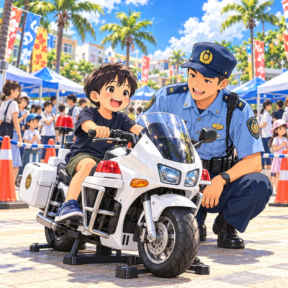 ミニ白バイにまたがる男の子と、そばでほほえむ警察官のイラスト