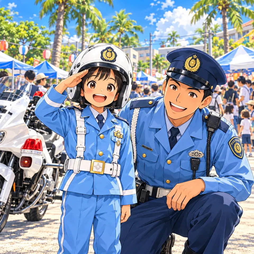 白バイ隊の制服とヘルメットを身につけて敬礼する女の子と、となりでほほえむ警察官のイラスト