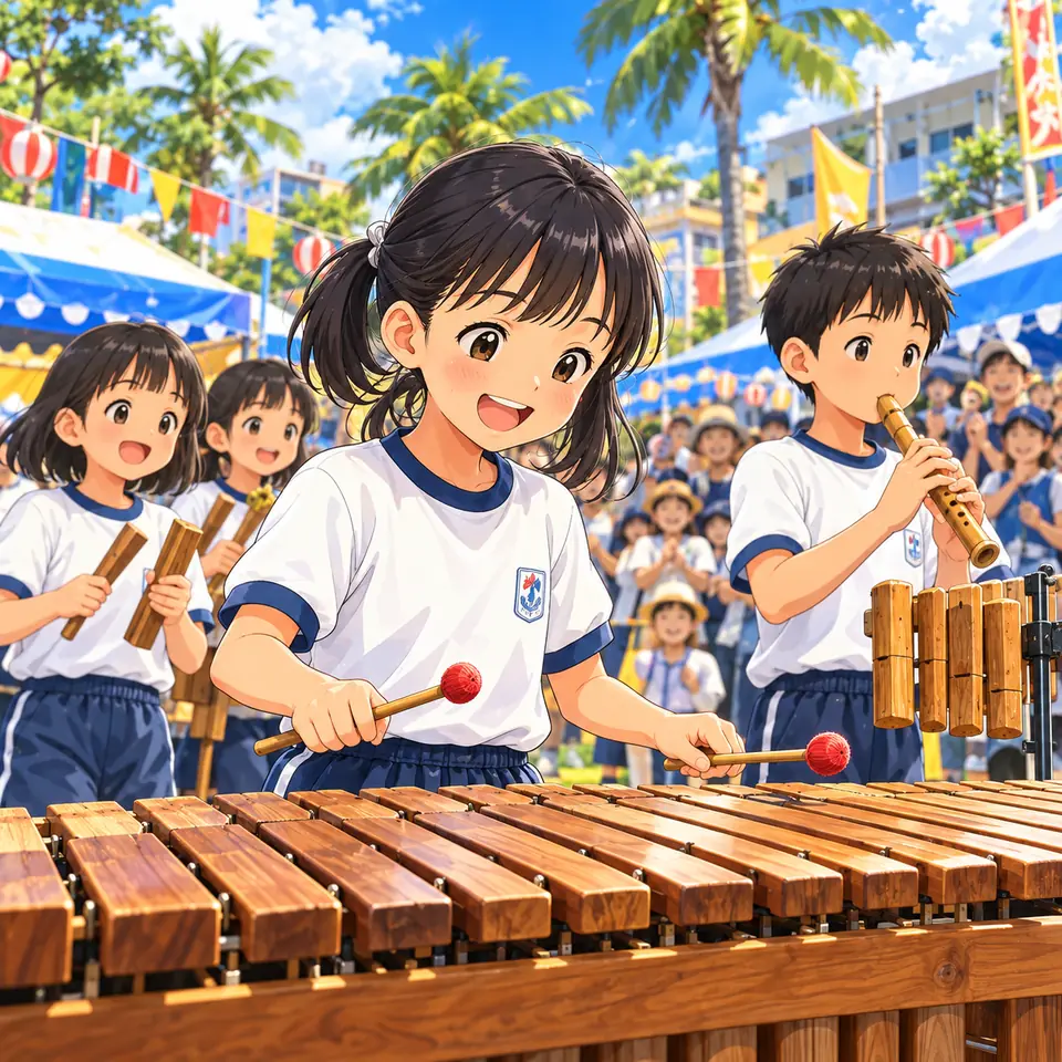 体操服姿の小学生たちが、木琴や木の笛などの木製楽器を演奏するイラスト